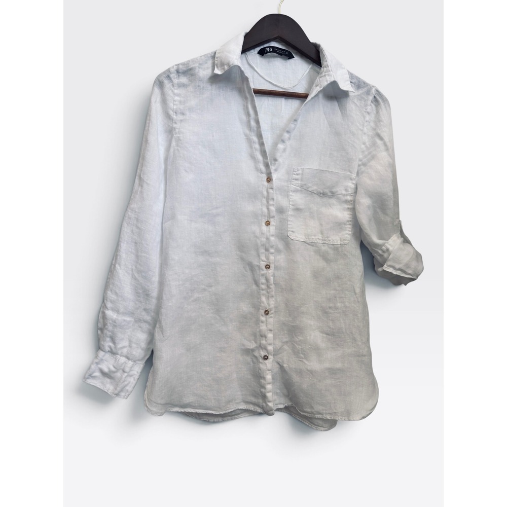 Zara 100% Linen | Button Down Shirt | Medium | White | Roll-Tab Sleeve